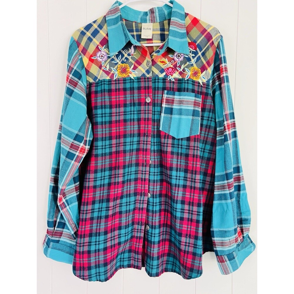Blair Colorful Western Floral Embroidered Plaid Button up Shirt Boho Festival Lg